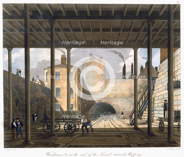 'Warehouses etc at the end of the Tunnel towards Wapping', Liverpool, 1832-1833. Artist: SG Hughes