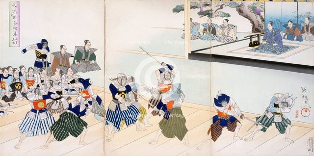 Warlord watches Samurai practising their Swordplay, 19th Century. Creator: Japanese School (19th century).