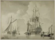 Warships and Other Boats in Harbor, 1780/90. Creator: Unknown