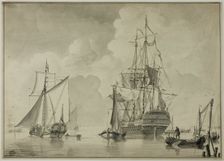 Warships and Other Boats in Harbor, 1780/90. Creator: Unknown
