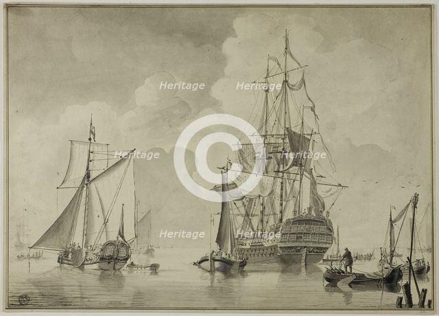 Warships and Other Boats in Harbor, 1780/90. Creator: Unknown.