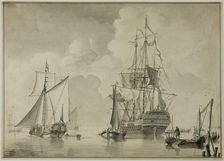 Warships and Other Boats in Harbor, 1780/90. Creator: Unknown
