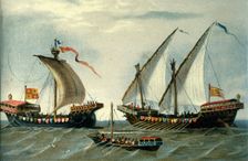 Warships in the Mediterranean sea, 13th century. Creator: Unknown