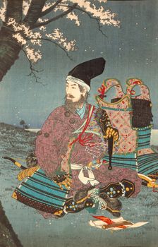 Warrior Taira-no-Tadanori about to Sleep under a Cherry Tree (image 2 of 3), 1884. Creator: Kobayashi Kiyochika