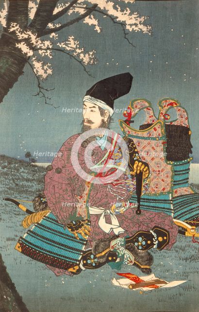 Warrior Taira-no-Tadanori about to Sleep under a Cherry Tree (image 2 of 3), 1884. Creator: Kobayashi Kiyochika.