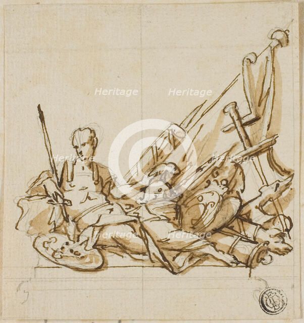 Warrior upon Sarcophagus Accompanied by Trophies: Unexecuted Design for the Monument to..., c. 1733. Creators: John Michael Rysbrack, Sir James Thornhill.