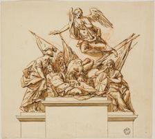 Warrior Accompanied by Britannia, Minerva, and Fame (recto); D..., c. 1733 (recto); c. 1740 (verso). Creators: John Michael Rysbrack, Richard Wilson