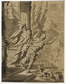 Warrior Chasing Woman Away from Palace, n.d. Creator: Unknown