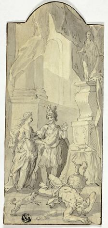 Warrior Conversing with Lady in Banquet, with Dead Man at Their Feet, n.d. Creator: Unknown