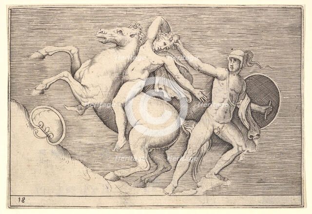 Warrior Pulling a Rider from His Horse, from "Ex Antiquis Camorum et Ge..., published ca. 1599-1622. Creator: Unknown.
