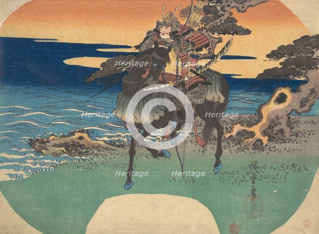 Warrior Riding Black Horse along the Sea Shore, ca. 1835., ca. 1835. Creator: Ando Hiroshige.