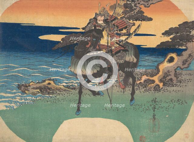Warrior Riding Black Horse along the Sea Shore, ca. 1835., ca. 1835. Creator: Ando Hiroshige.