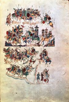Warriors in a battle, Miniature in the Bible of Ripoll manuscript copied and illustrated in th…