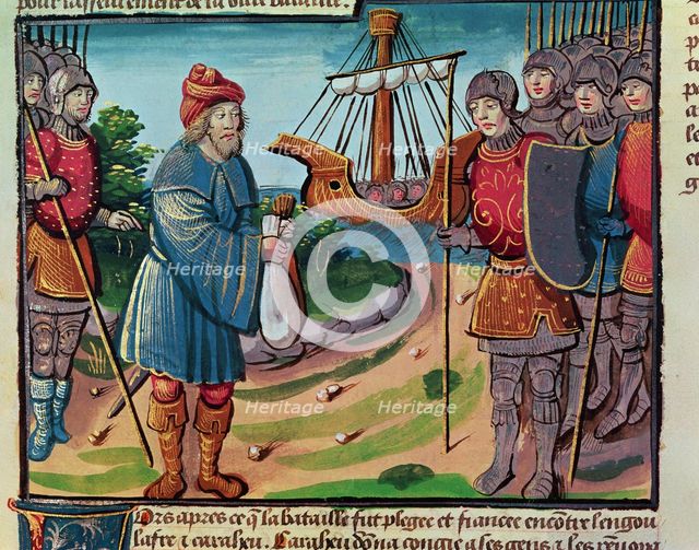 Warriors of Charlemagne embarking to fight the Saracens, miniature in the incunable 'Ogier le Dan…