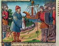 Warriors of Charlemagne embarking to fight the Saracens, miniature in the incunable Ogier le Dan…