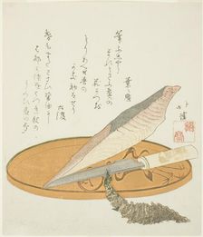 Wasabi root with dried bonito and knife on a lacquer tray, early 1820s. Creator: Totoya Hokkei