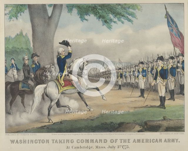 Washington Taking Command of the American Army - At Cambridge, Massachusetts, July 3rd, 17..., 1876. Creators: Nathaniel Currier, James Merritt Ives, Currier and Ives.