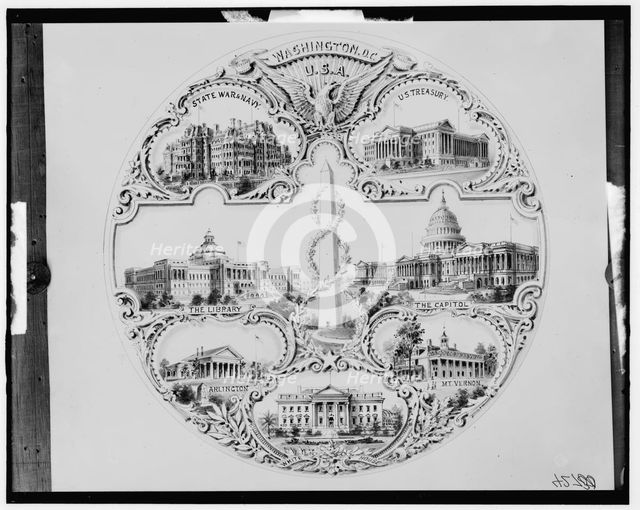 Washington buildings in a plaque or plate design invented by George R. Pohl..., c1900-1910. Creator: Unknown.