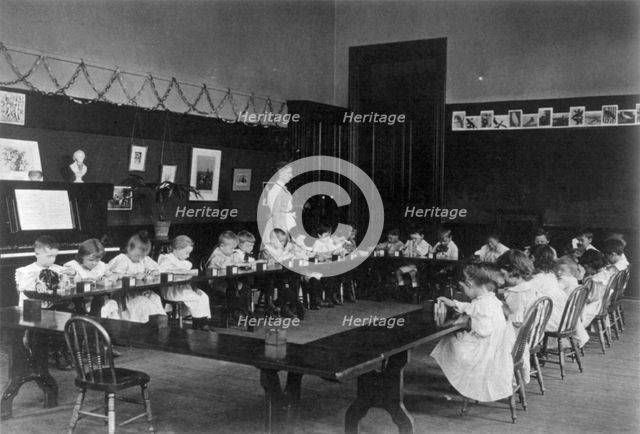 Washington, D.C. public schools - 5th Division class playing with blocks, (1899?). Creator: Frances Benjamin Johnston.
