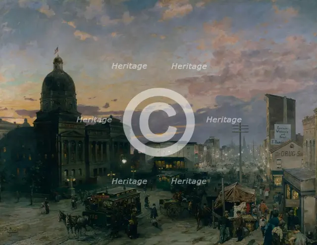 Washington Street, Indianapolis at Dusk, 1892-1895. Artist: Groll, Theodor (1857-1913)