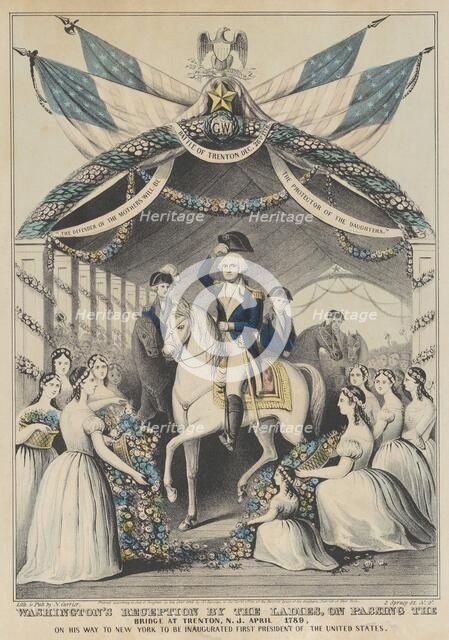 Washington's Reception by the Ladies on Passing the Bridge at Trenton, N.J., April 1789, o..., 1845. Creator: Nathaniel Currier.