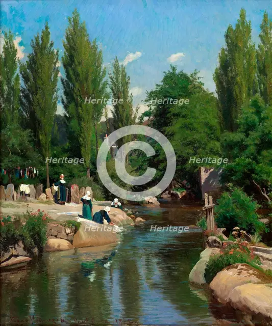 Washing clothes by a creek in Brittany, 1882. Creator: Viggo Christian Frederik Vilhelm Pedersen.