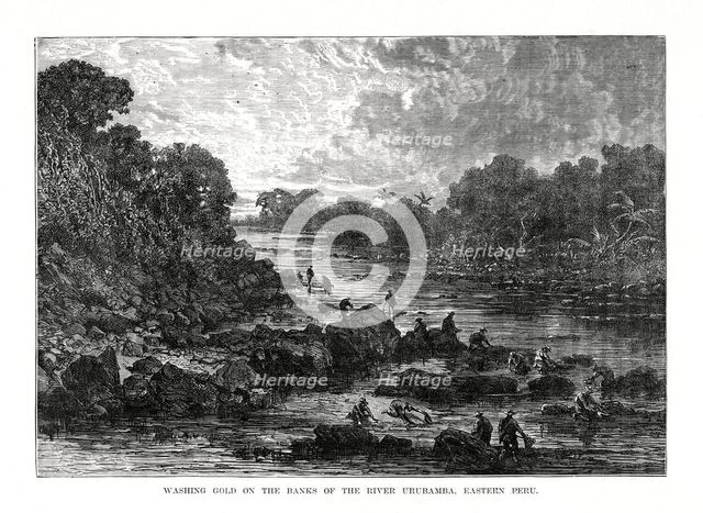 Washing gold on the banks of the Urubamba River, Peru, 1877. Artist: Unknown
