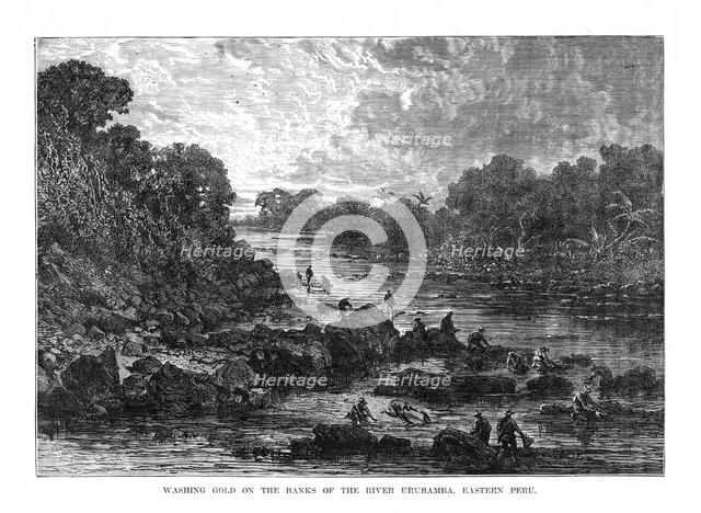 Washing gold on the banks of the Urubamba River, Peru, 1877. Artist: Unknown