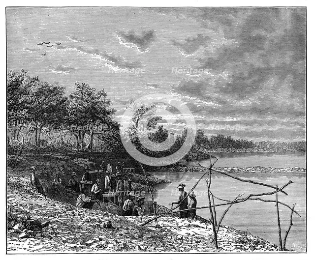 Washing sand for diamonds on the banks of the Vaal River, South Africa, c1890. Artist: Unknown