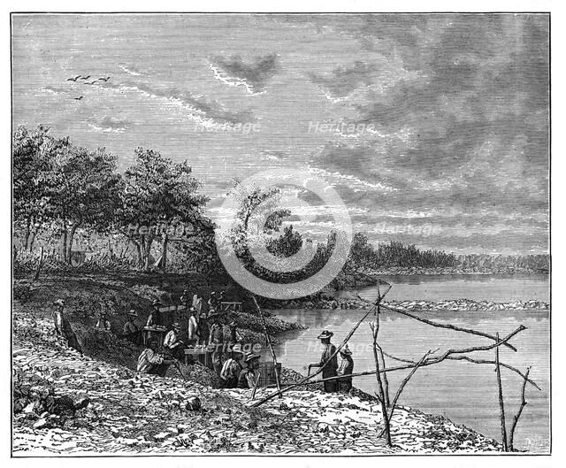 Washing sand for diamonds on the banks of the Vaal River, South Africa, c1890. Artist: Unknown