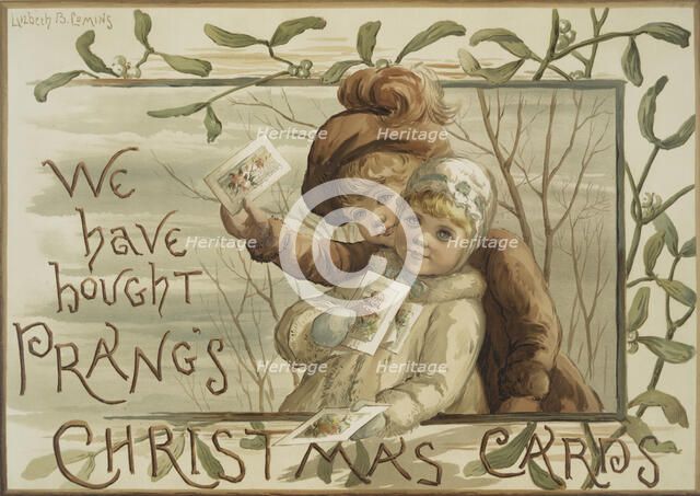 We have bought Prang's Christmas cards. [Poster depicting children carrying..., c1865 - 1899. Creator: Elizabeth Barker Comins.