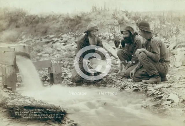 We have it rich Washing and panning gold, Rockerville, Dak Old timers, Spriggs, Lamb..., 1889. Creator: John C. H. Grabill.