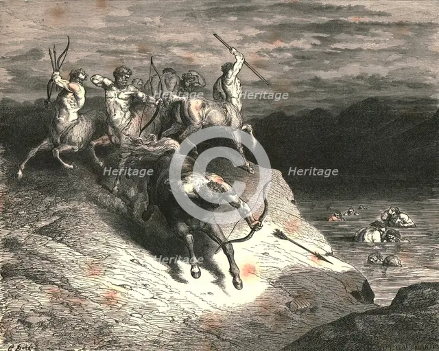 'We to those beasts, that rapid strode along, drew near, when Chiron took an arrow forth', c1890.  Creator: Gustave Doré.