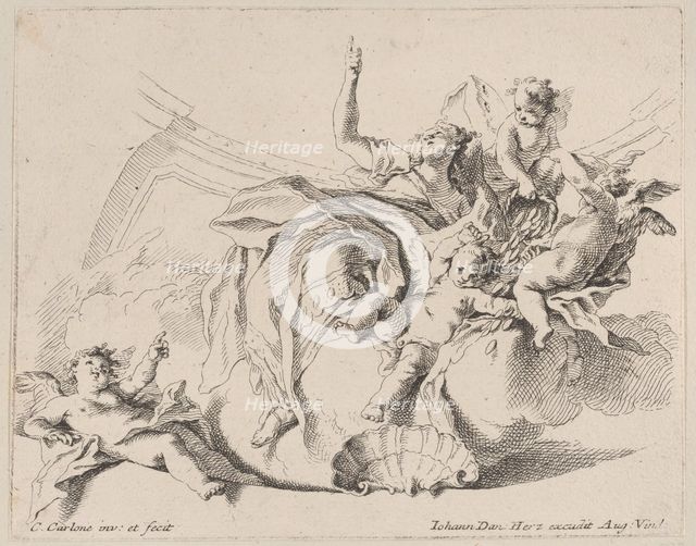 Wealth, represented by a woman seated on clouds and surrounded by putti, one of whom is..., 1725-75. Creator: Carlo Innocenzo Carloni.