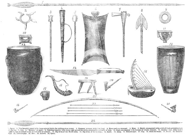 Weapons and implements of the tribes of Central Africa, visited by Mr. S. W. Baker, 1865. Creator: Unknown.
