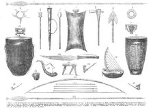 Weapons and implements of the tribes of Central Africa, visited by Mr. S. W. Baker, 1865. Creator: Unknown