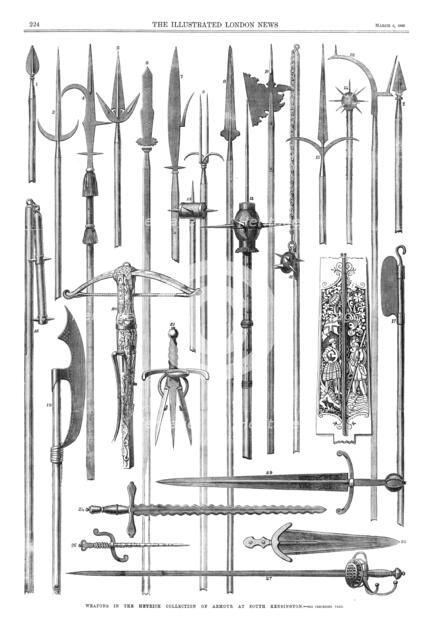 Weapons in the Meyrick Collection of armour at South Kensington, 1869. Creator: Unknown.