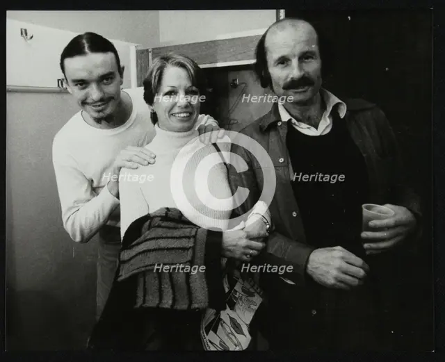Weather Report band members Jaco Pastorius and Joe Zawinul with Jacki Kirkham-Pamflett at the Odeon, Creator: Denis Williams.