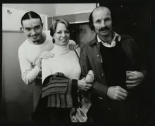 Weather Report band members Jaco Pastorius and Joe Zawinul with Jacki Kirkham-Pamflett at the Odeon, Creator: Denis Williams