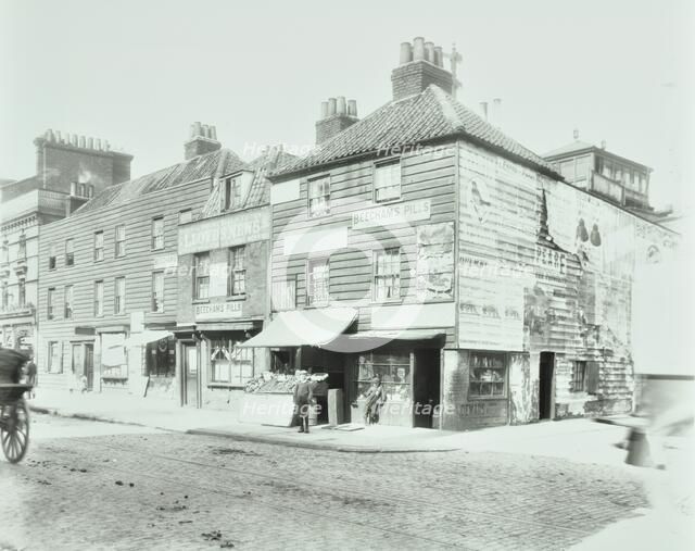 Weatherboard houses and shops on the Albert Embankment, Lambeth, London, 1900. Artist: Unknown.