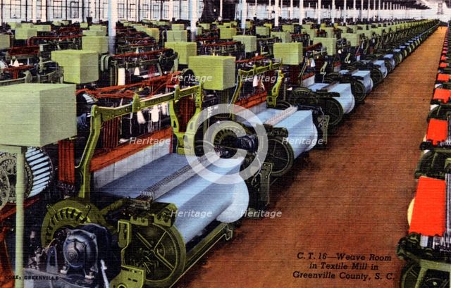 Weaving room in a textile mill in Greenville, South Carolina, USA, 1944. Artist: Unknown