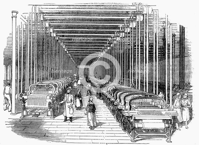 Weaving shed fitted with rows of power looms driven by belt and shafting, c1840. Artist: Unknown