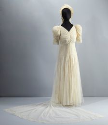 Wedding dress worn by Lollaretta Pemberton with veil and headpiece, 1939. Creator: Unknown