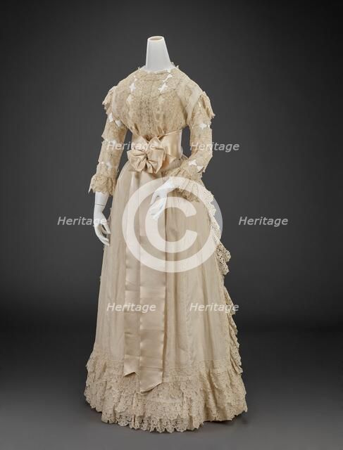 Wedding Dress (Skirt, Bodice, Petticoat, Two Sleeves, Two Mitts, Sash, Bow, Waist Piece), 1898. Creator: Unknown.