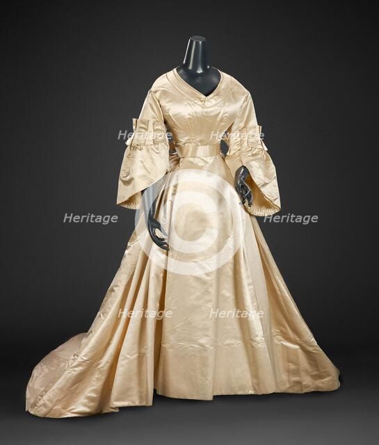 Wedding Dress (Skirt, Bodice, Peplum, Pair of Gloves), about 1870. Creator: Unknown.
