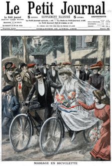 Wedding party on bicycles led by the bride and bridegroom, Nice, France, 1909