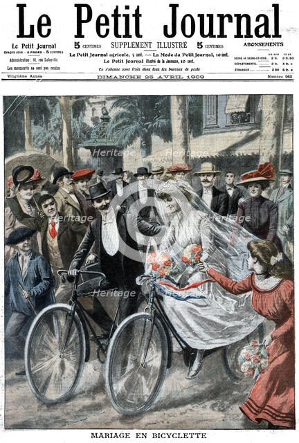 Wedding party on bicycles led by the bride and bridegroom, Nice, France, 1909. Artist: Unknown