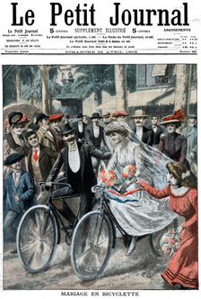 Wedding party on bicycles led by the bride and bridegroom, Nice, France, 1909. Creator: Unknown