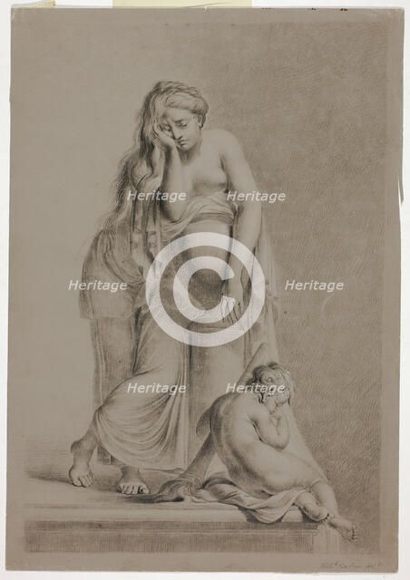 Weeping Allegorical Female Figure with Putto, 1770/79. Creator: Richard Earlom.