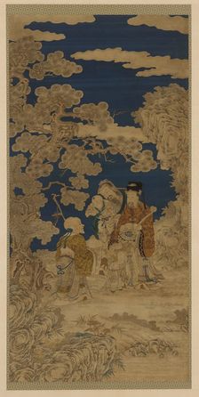 Weft-woven tapestry (kesi): Three Star Gods and Joy Personified..., Qing dynasty, 18th century. Creator: Unknown